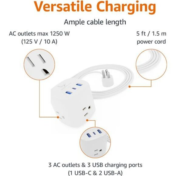 Power Strip Cube with USB C USB A Outlets and 5 Ft Extension Cord Travel - Picture 4 of 7